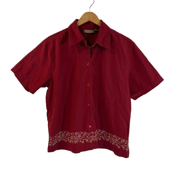 Jane Ashley Rust Red Beaded Top Size Large Button Up Collared Short Sleeve Shirt - Picture 1 of 6